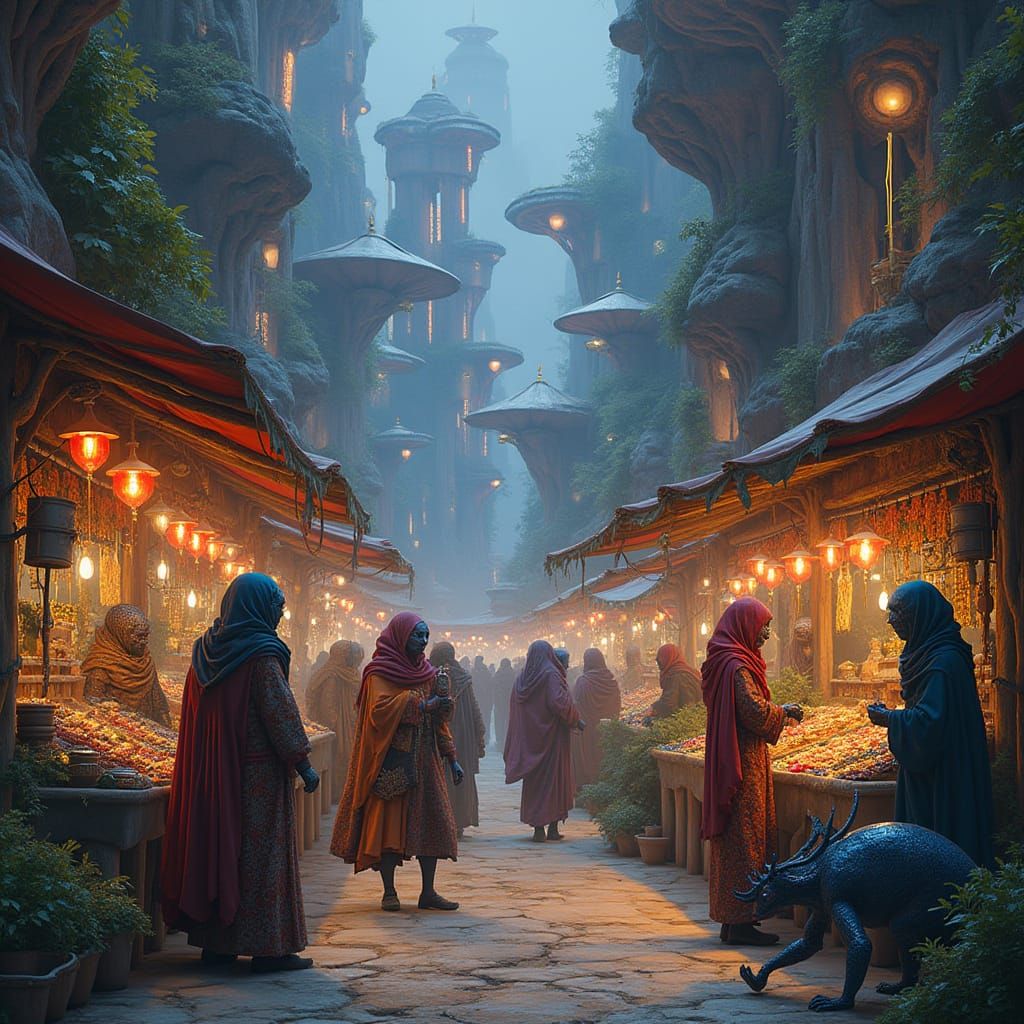 Exotic Alien Marketplace with Bioluminescent Flora