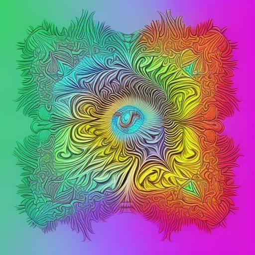 Abstract Rainbow Cat with Fractal Zentangle Design