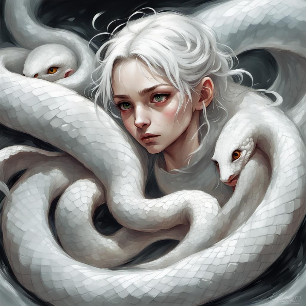 Adorable White Snake in Grotesque Gothic Impressionist Style