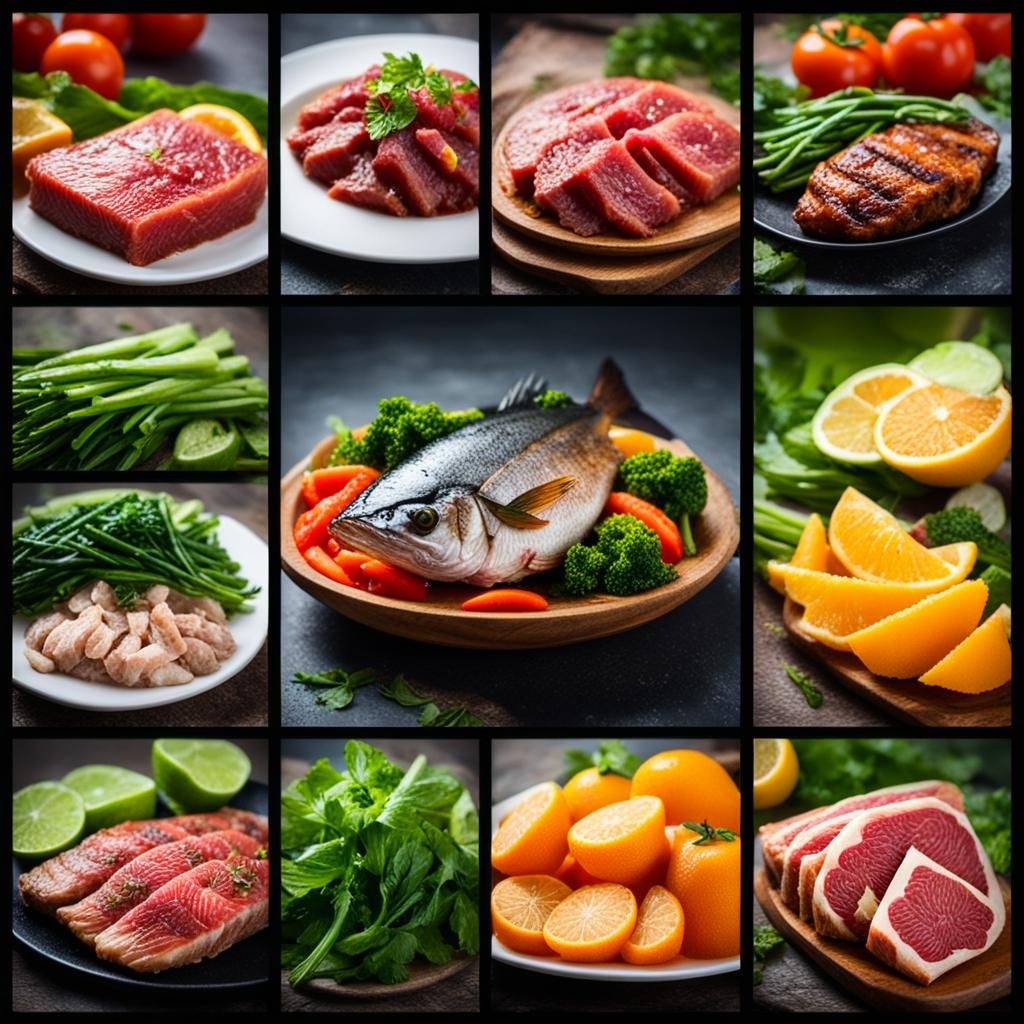 Food Collage: Vegetables, Meat, Fruit, Fish Photography