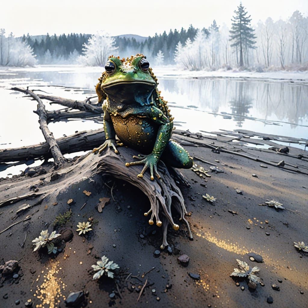 Whimsical Spring Forest Fairie Frog in Golden Hues