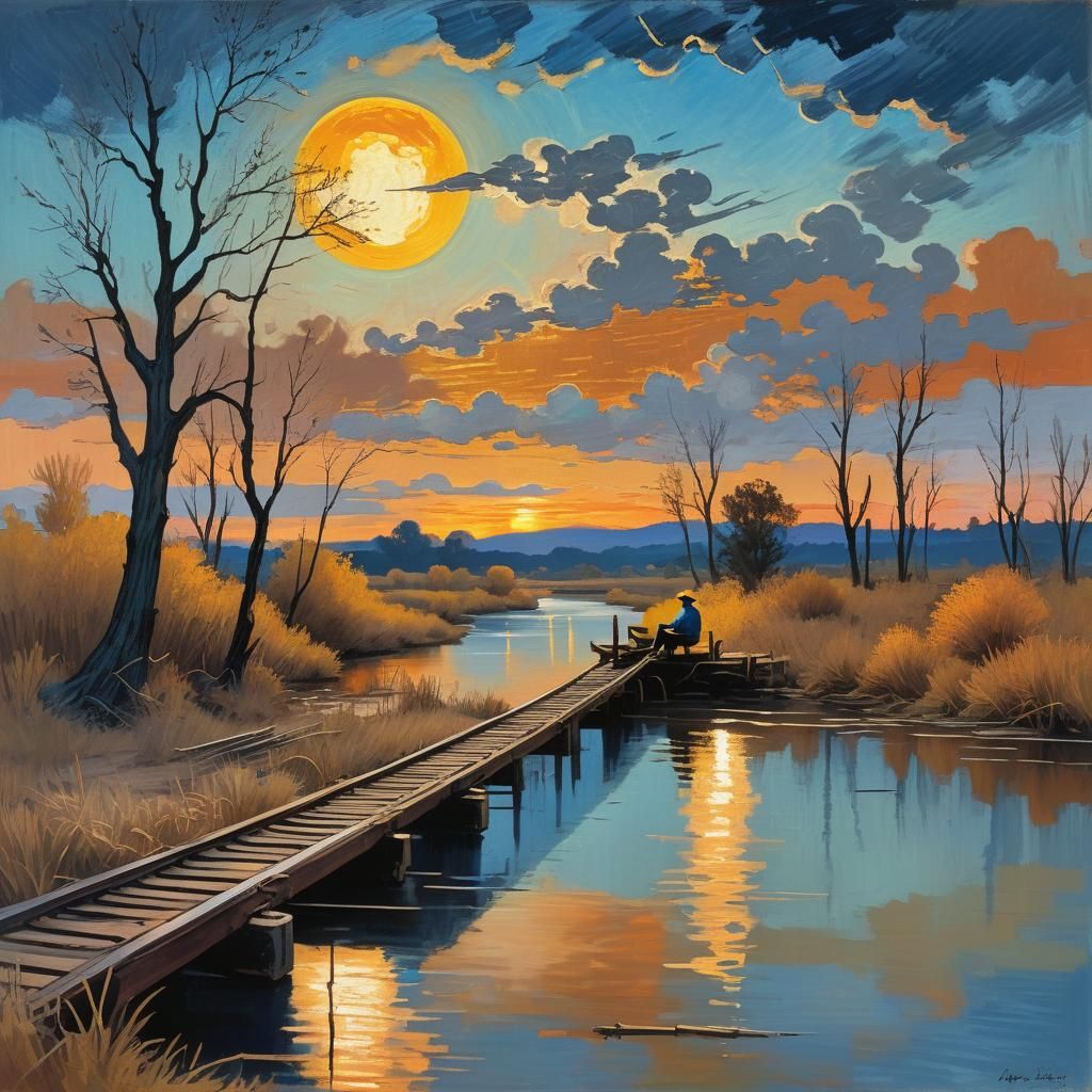 Blue Moon Over River: Van Gogh Style Digital Painting