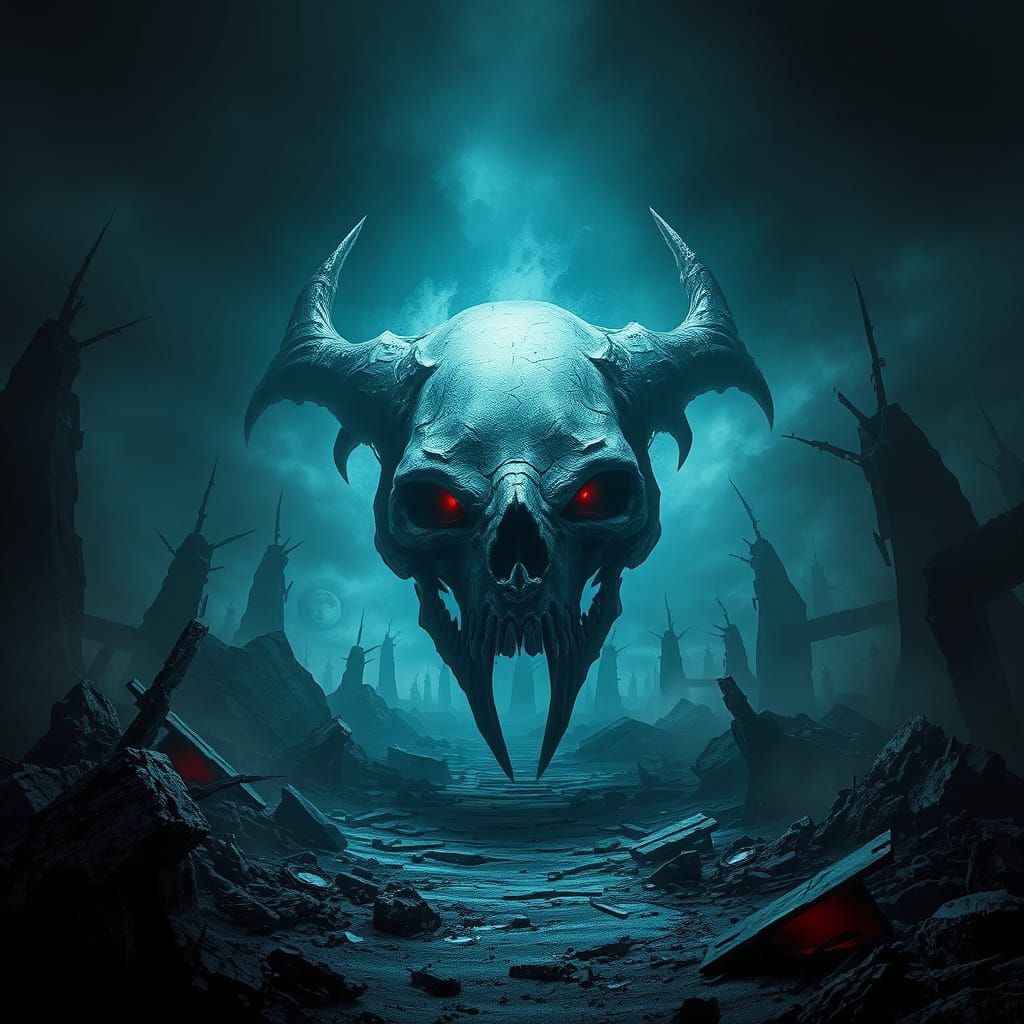 Ominous Skull in Post-Apocalyptic Dark Fantasy Landscape