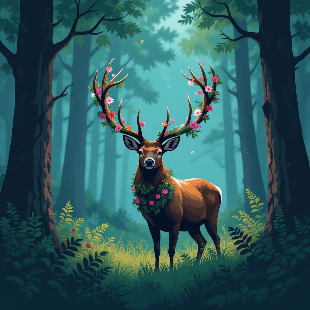 Deer with Floral Antlers in Dense Forest