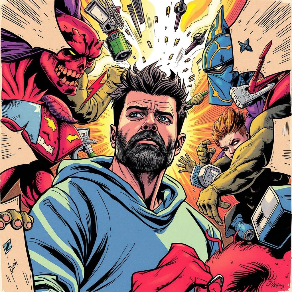 Heroic Figure Surrounded by Comic Book Panels in Vibrant, Dy...