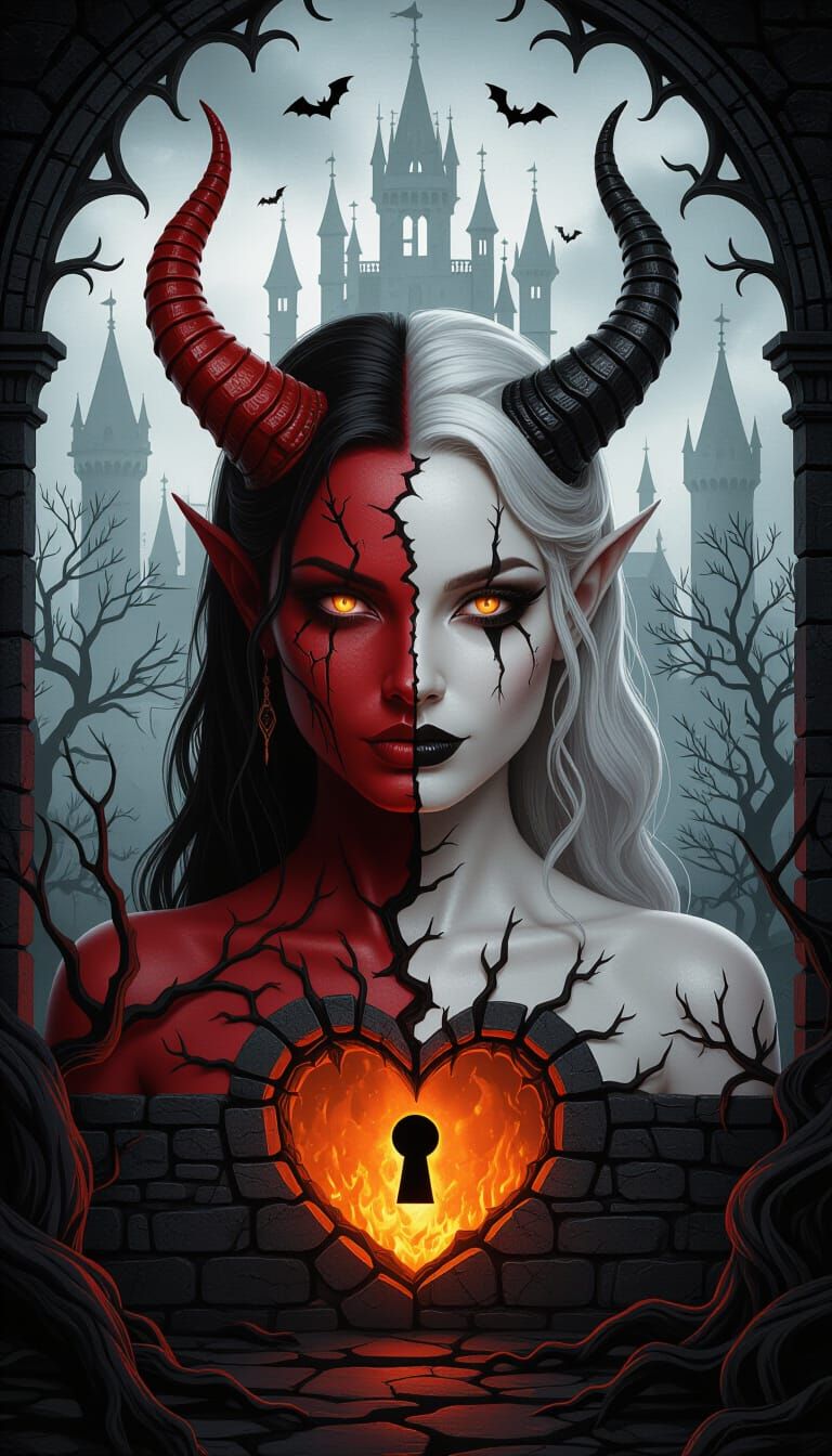 Gothic Demon-Human Portrait with Fiery Keyhole Heart