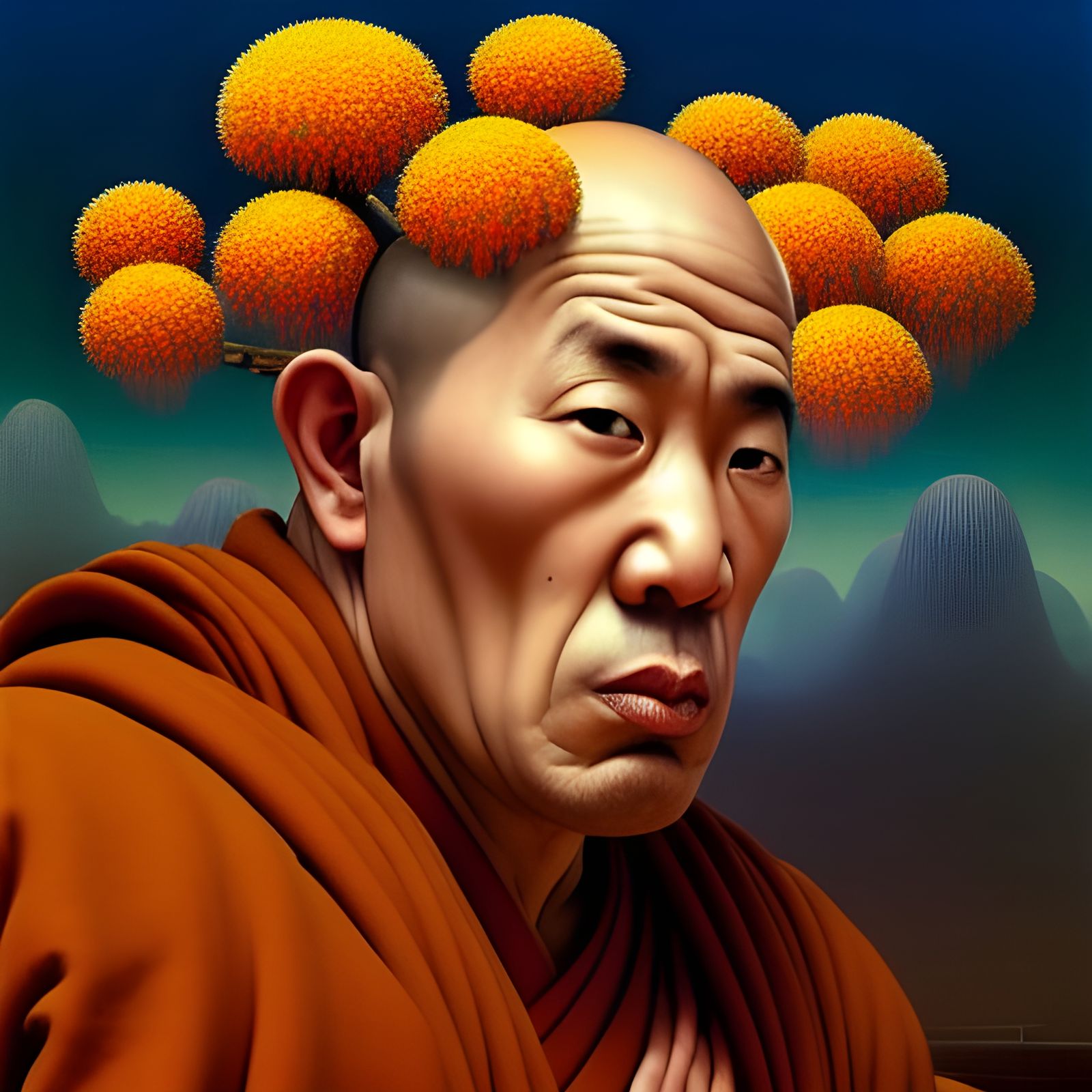 Gigantic Monk Portrait with Flowers in Surreal Style