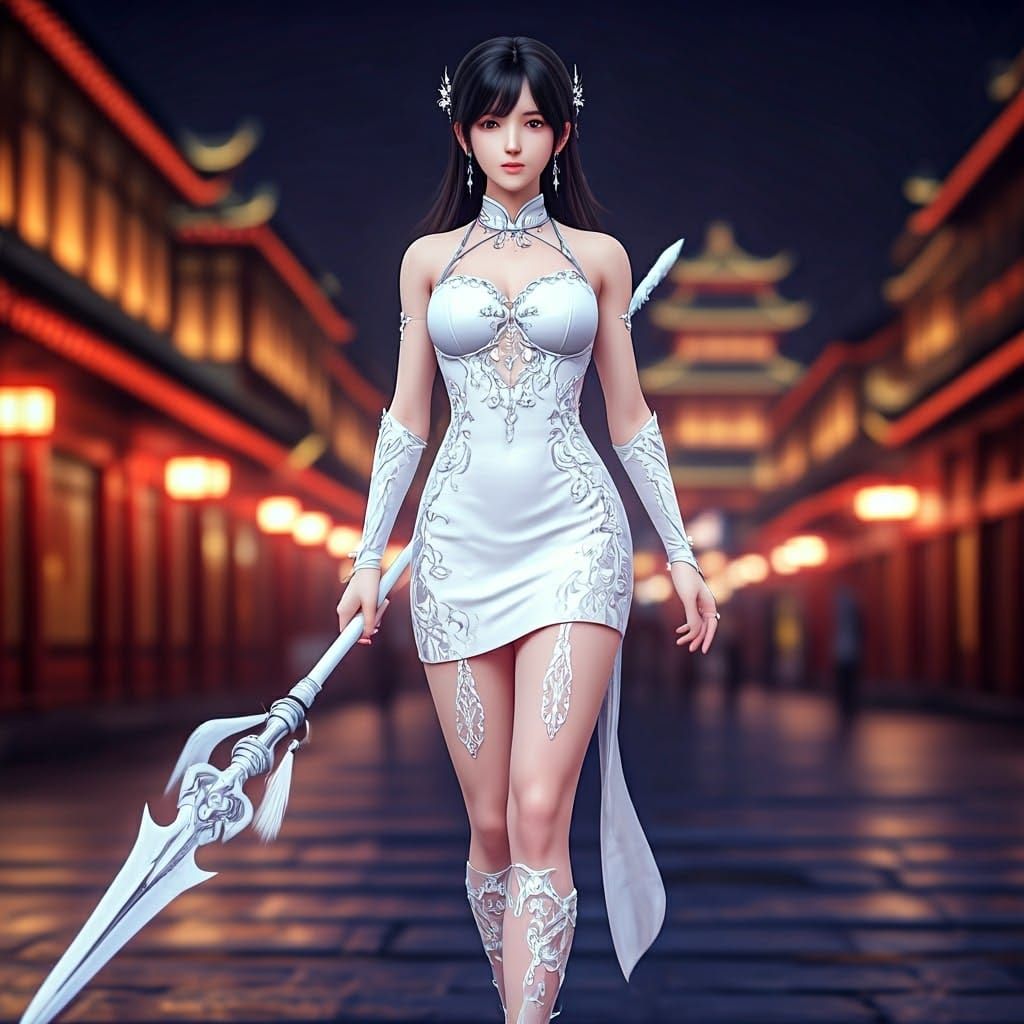 Elegant Chinese Warrior in Shanghai Nighttime