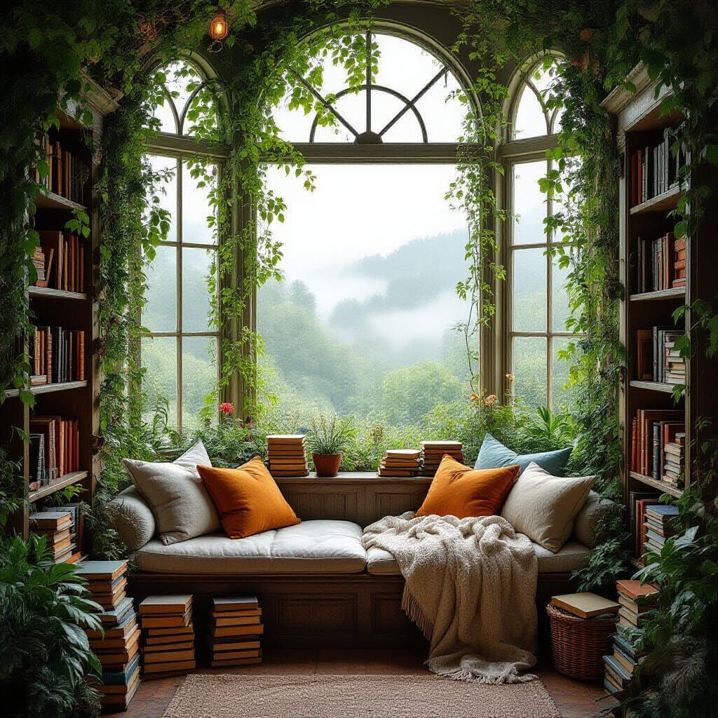 Enchanted Greenhouse Reading Corner in Watercolor Style