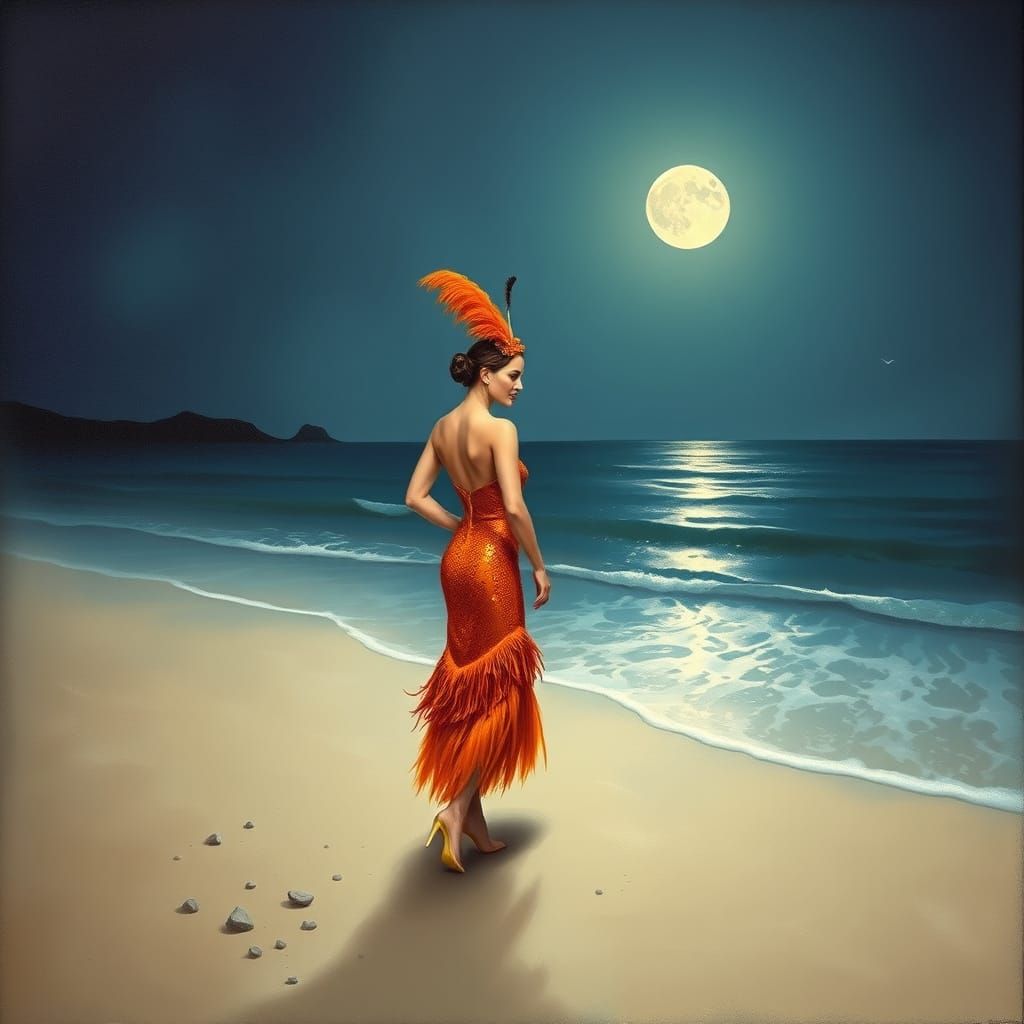 Showgirl on Moonlit Beach as Oil and Chalk Painting