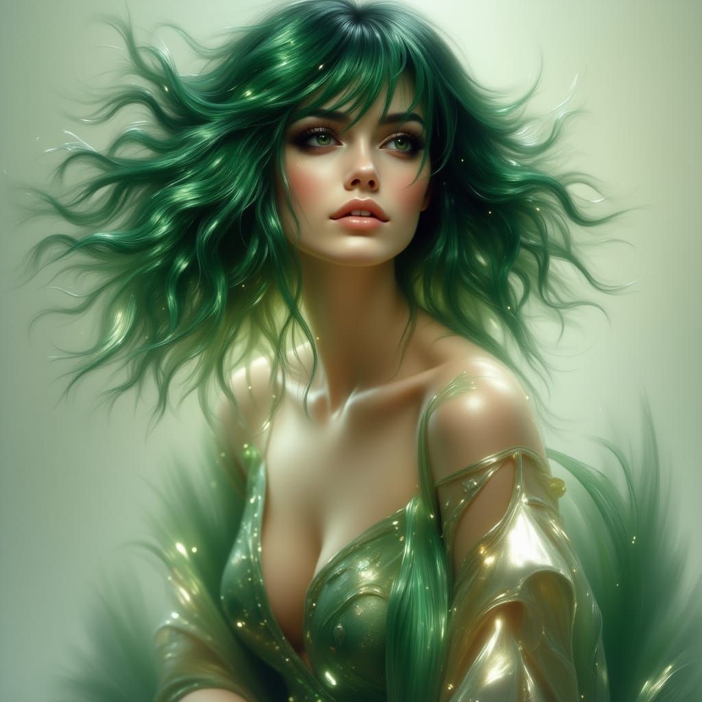 Green Haired Woman Portrait in Alphonse Mucha Style