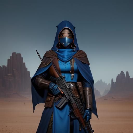 Blue-Skinned Bandit with Rifle in Sci-Fi Desert