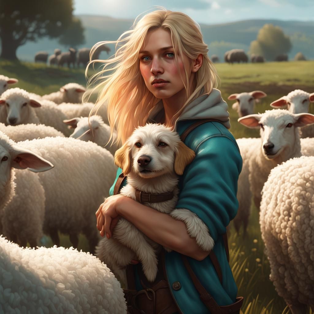 Blonde Girl and Sheepdog: Hyperdetailed Farm Art