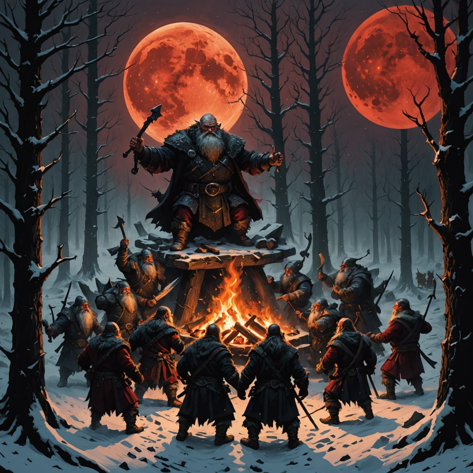 Mystical Dwarves Dance Under a Blood Moon in a Snowy Dark Fo...