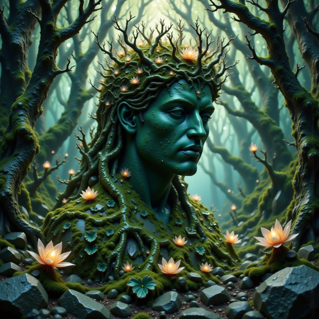 Ancient King Statue with Glowing Root Crown in Dark Fantasy ...