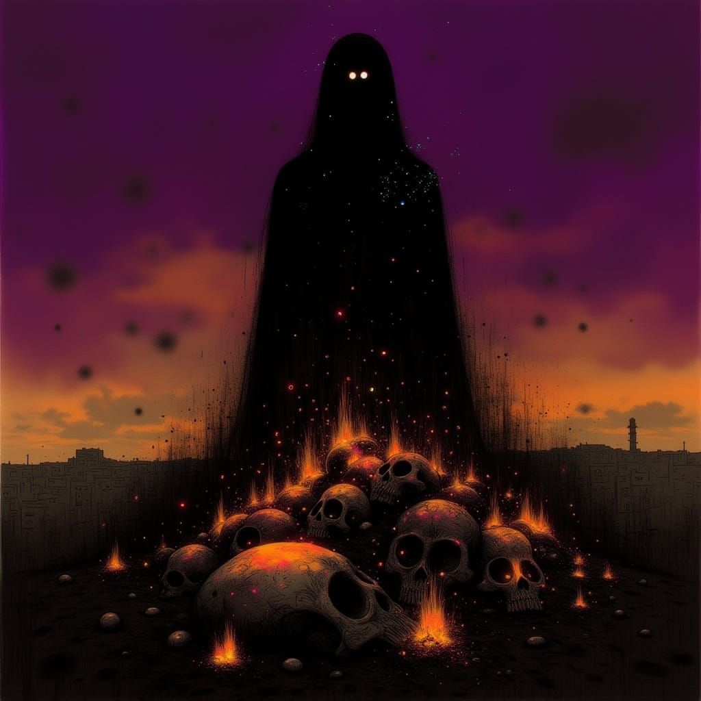 Death Oversees Burning Pyre in Dark Fantasy Style