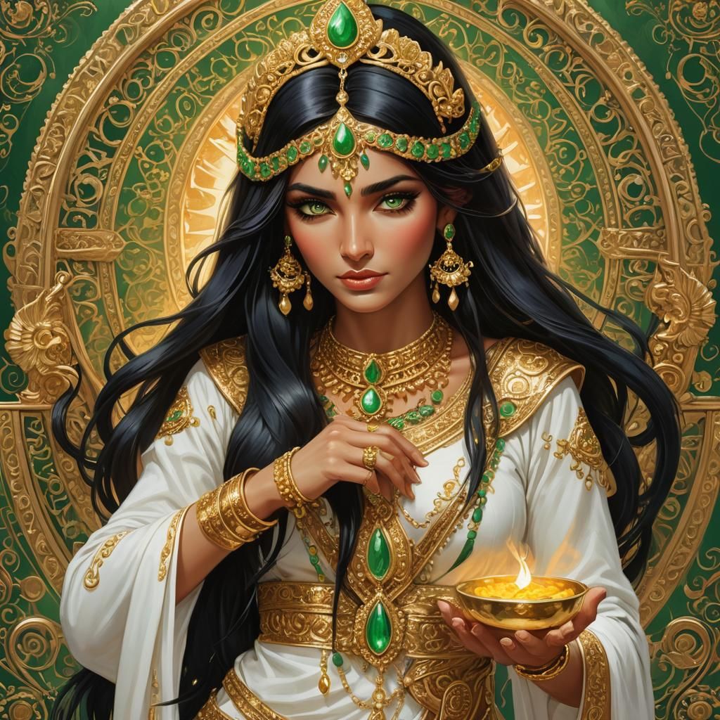 Beautiful Genie Woman with Lamp in Desert Oasis