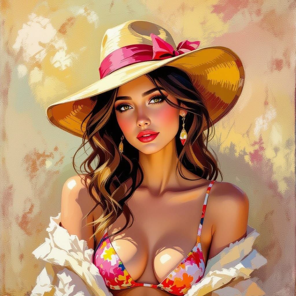 Woman in Romantic Winter Bikini in 80s Anime Style