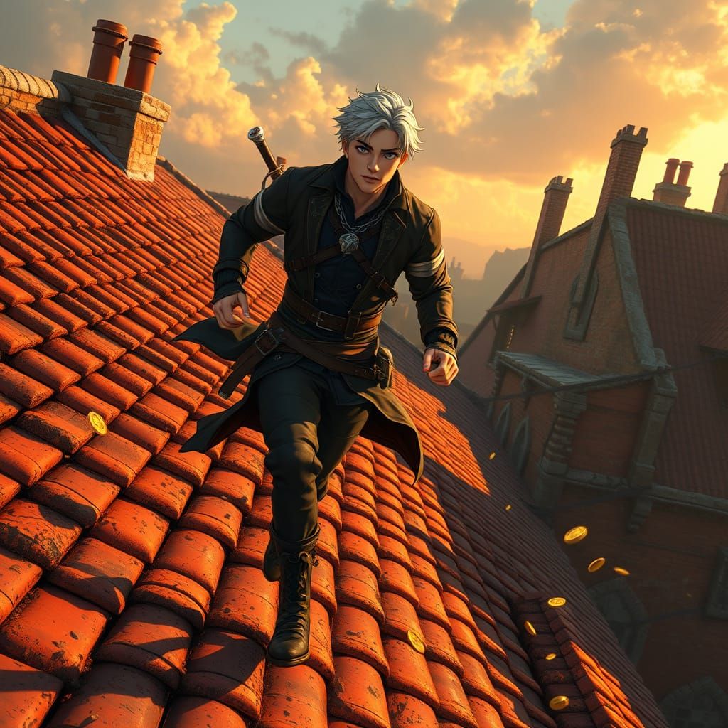 Man Runs on Rooftop with Golden Coins, Anime Style