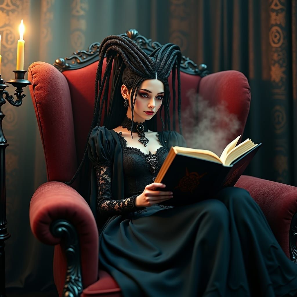 Goth Girl Reading: Dark Fantasy Illustration