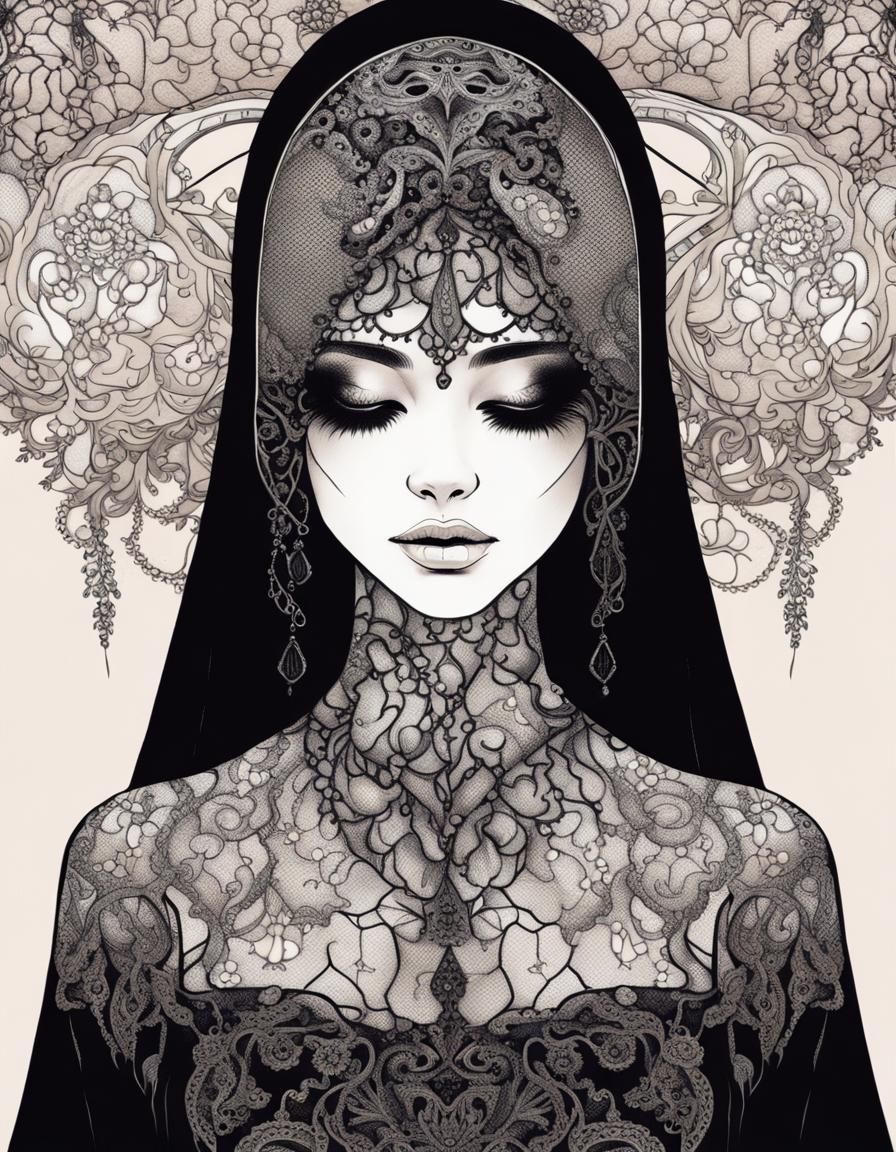 Manga Style Woman with Lace Veil and Tourmaline Dress