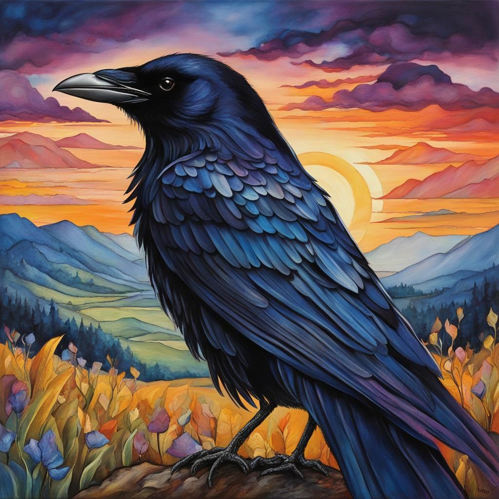 Cel-Shaded Crow in Twilight Fantasy Landscape