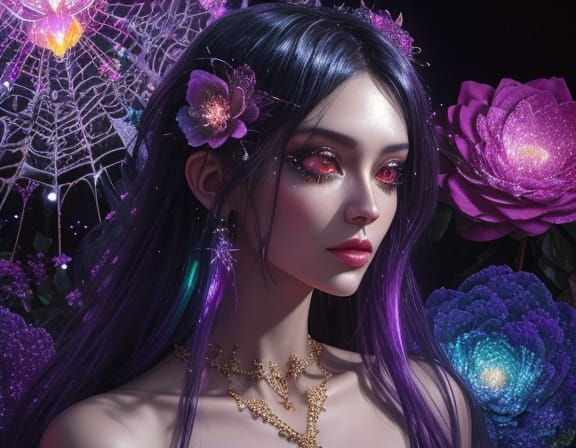 Alien in Sin's Web Oil Painting with Glitter and Flowers