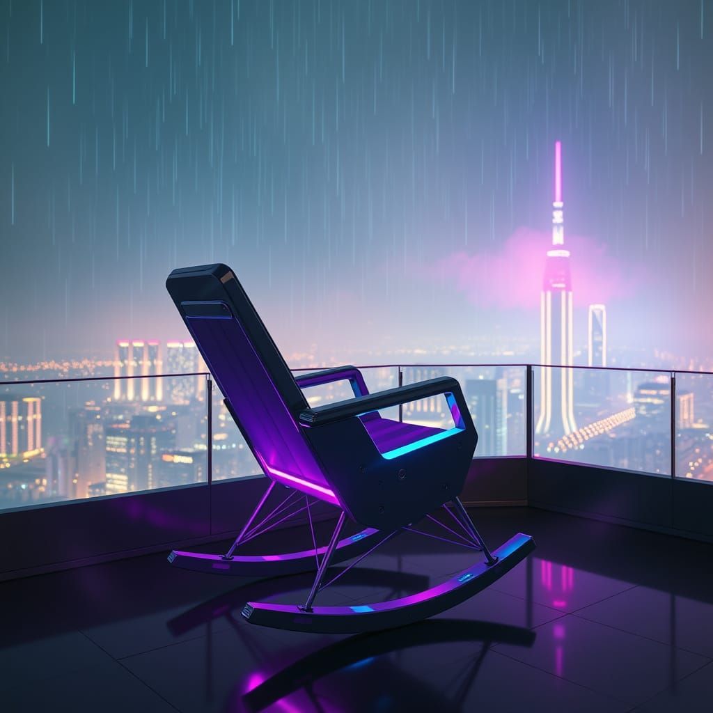 Cyberpunk Rocking Chair on Vaporwave Balcony
