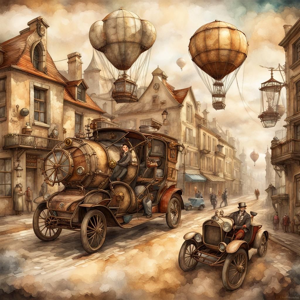 Steampunk World on Vintage Parchment in Watercolor Style