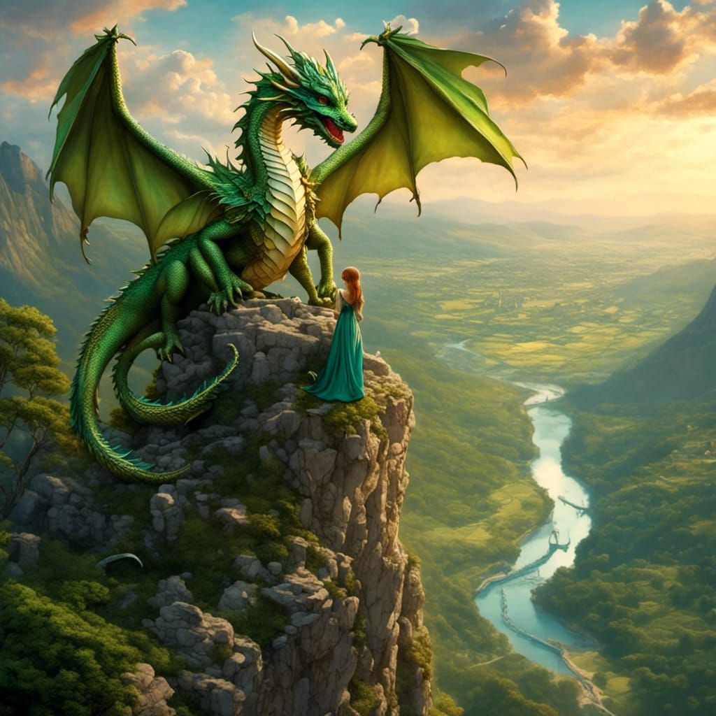 <lora:Sparkly Dragons:1.0> <lora:Dragons:1.0> Beautiful fairy standing on a cliff, holding a baby dragon to set free, ov...