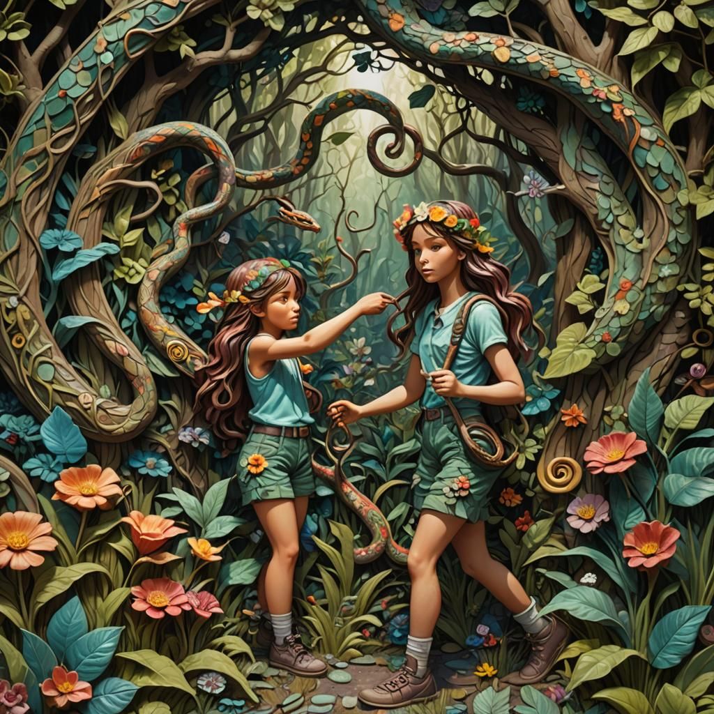 Girl in Forest with Snake: Fantasy Bas-Relief