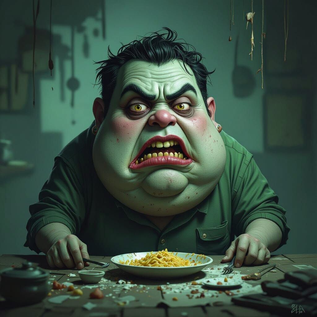 Grotesque Brainrot Character with Quadruple Chin