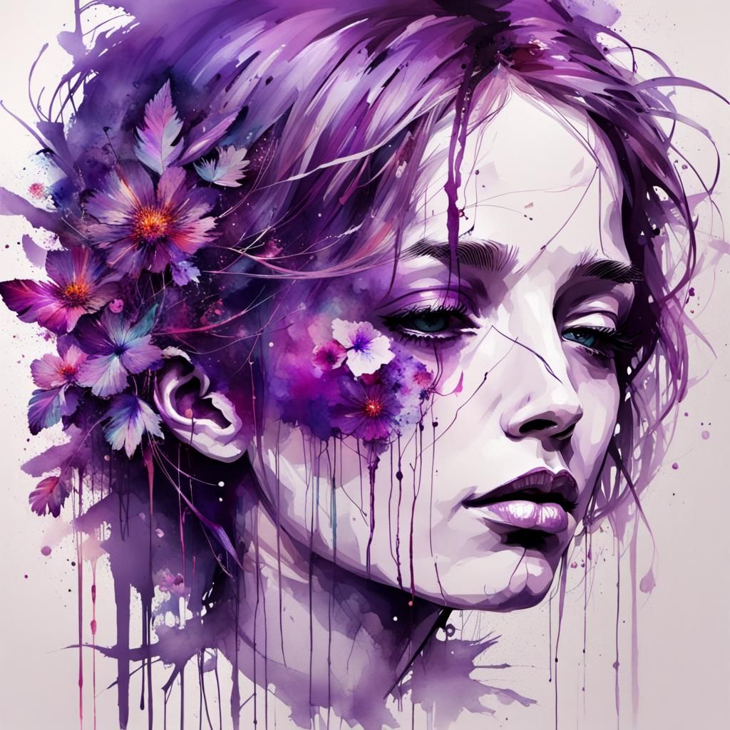 Surreal Purple Portrait in Mixed Media Style
