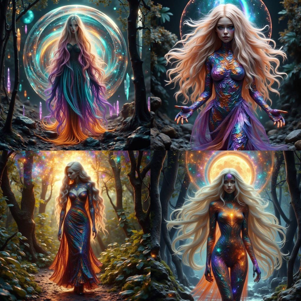 Alien Princess Walking Through Crystal Forest Under Galaxy S...