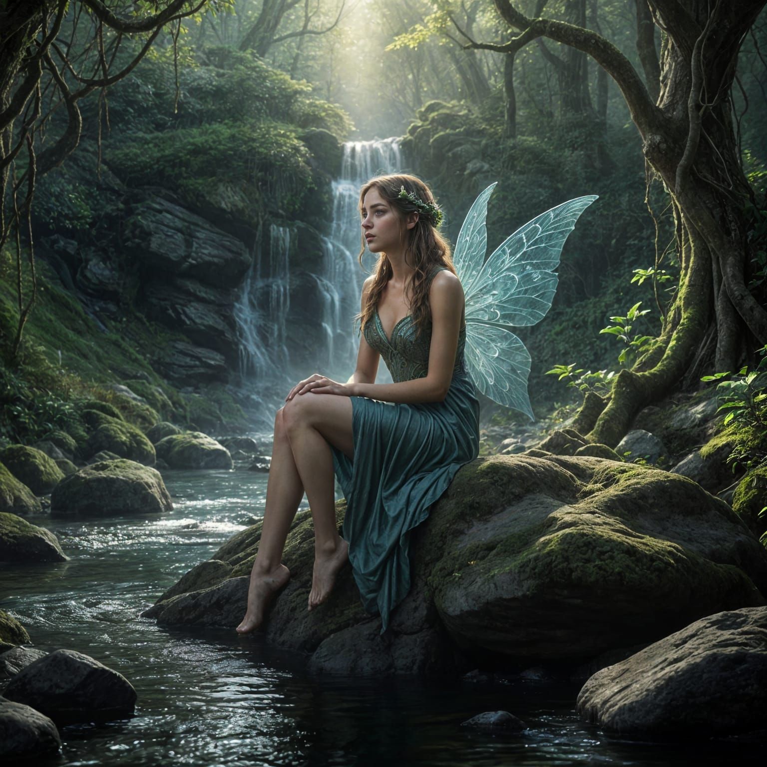 Ethereal River Fairy in Whimsical Fantasy Landscape