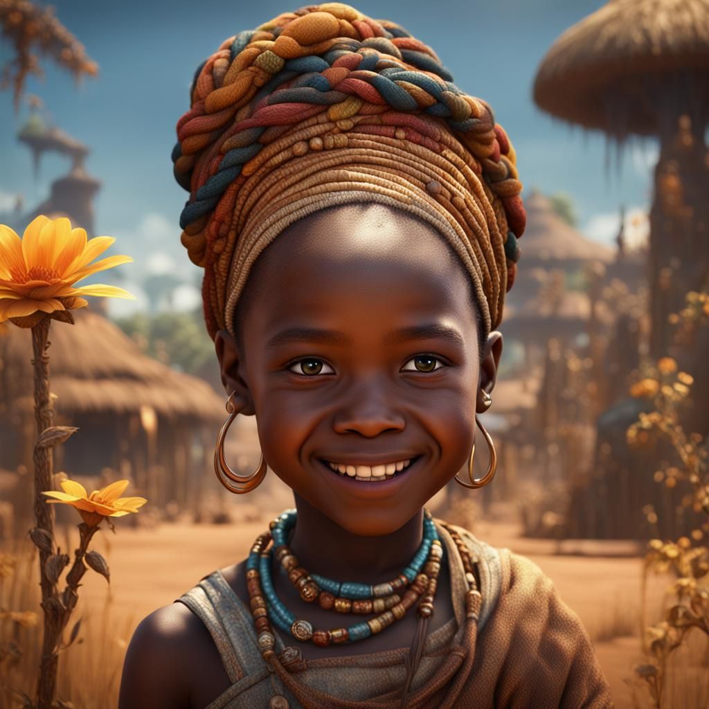 Beautiful African Girl's Smiley Face: Detailed Matte Paintin...