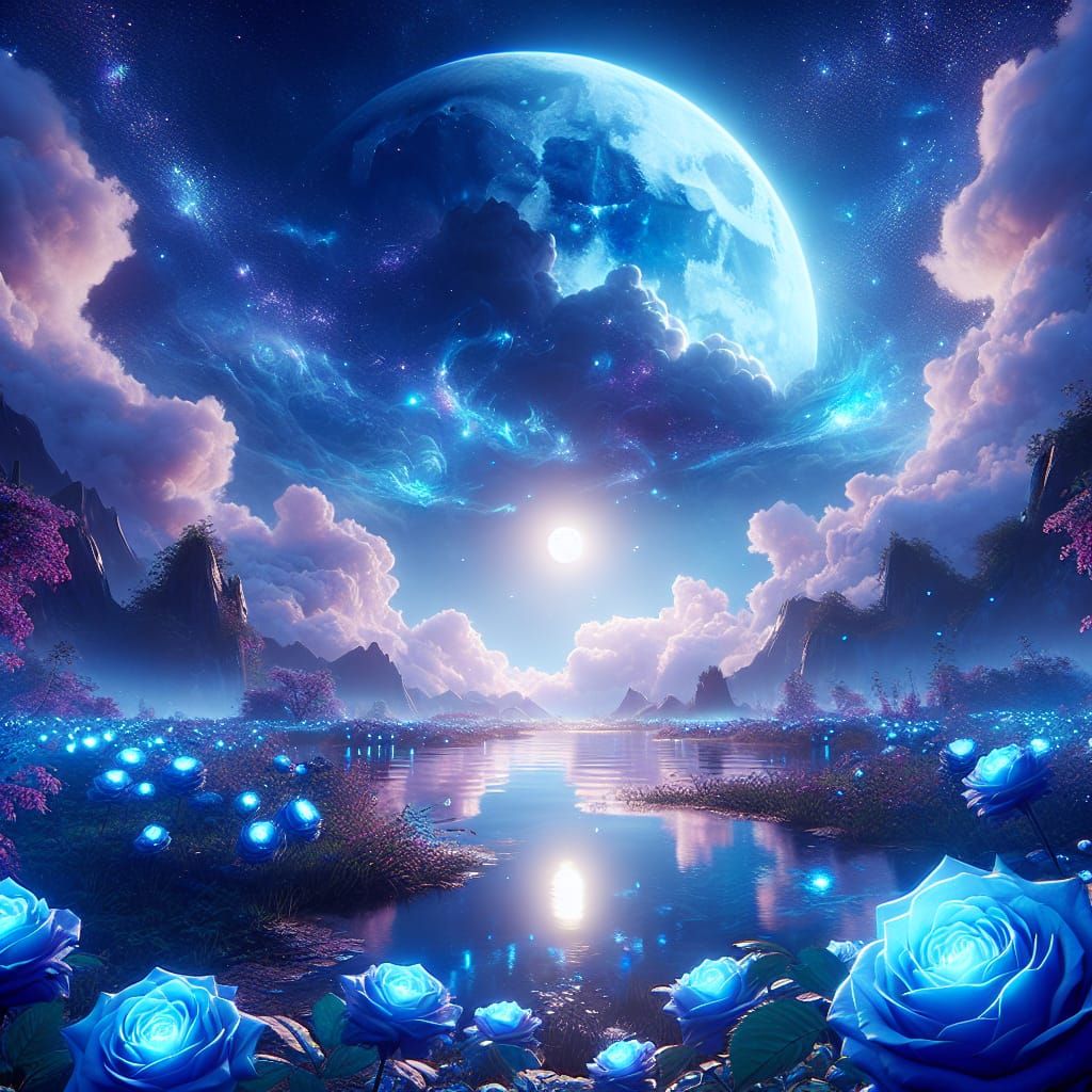 Glowing Lake and Blue Roses Under Galaxy Sky