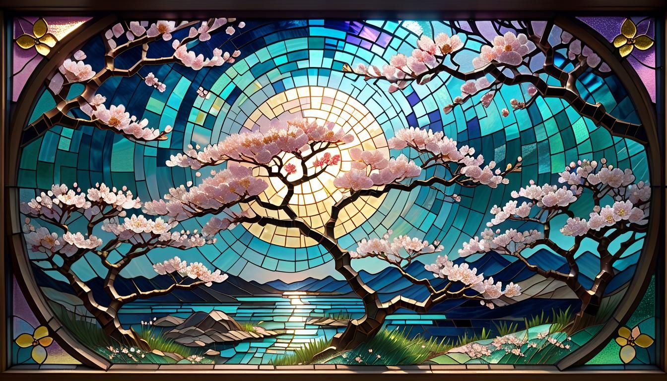 Japanese Blossom Tree in Stained Glass Mosaic