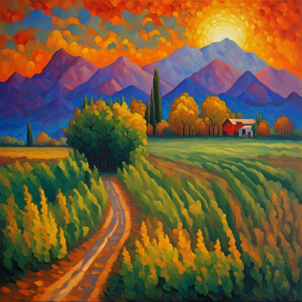 Vibrant Sunrise Landscape in Expressive Oil Painting Style