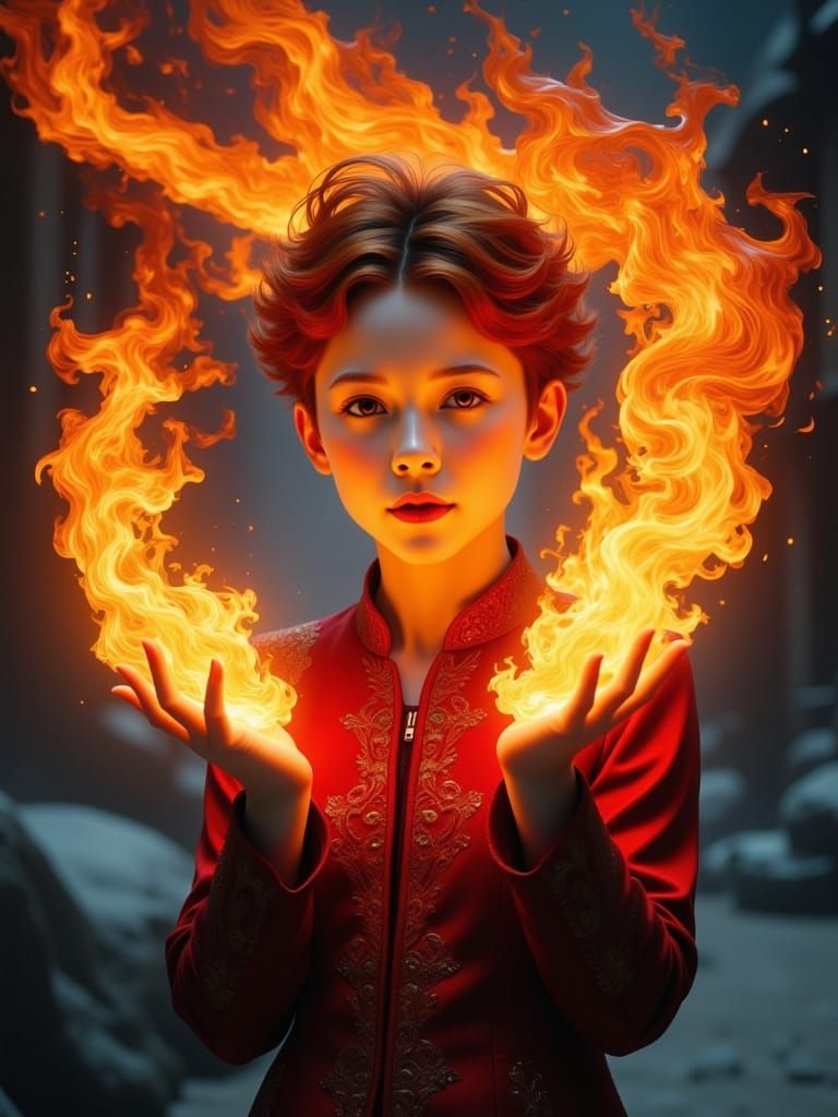 Fiery Boy with Auburn Hair Holds Balls of Flame
