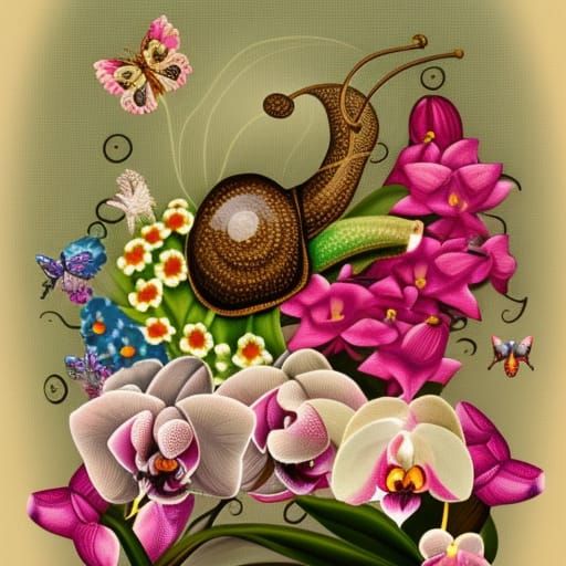 Vintage Snail Surrounded by Orchids and Butterflies