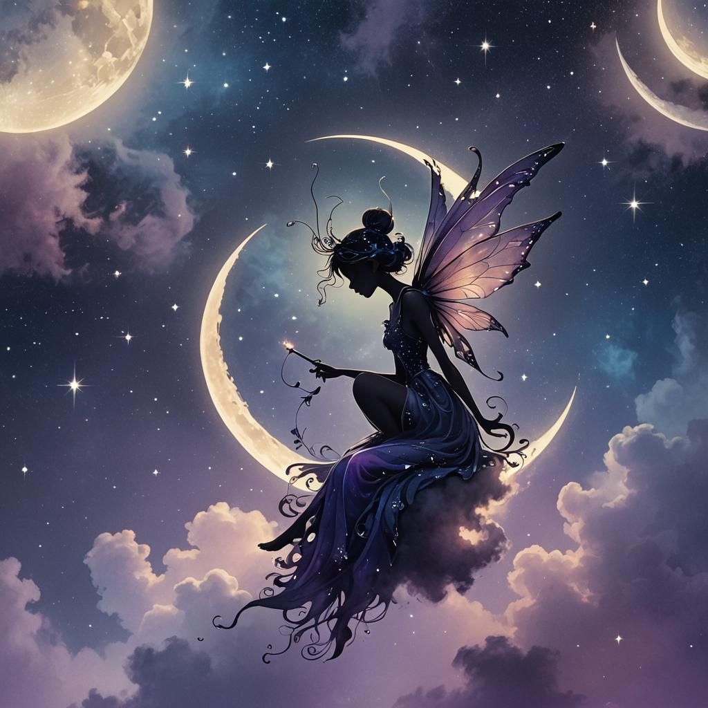 Fairy Silhouette Smoking on Crescent Moon