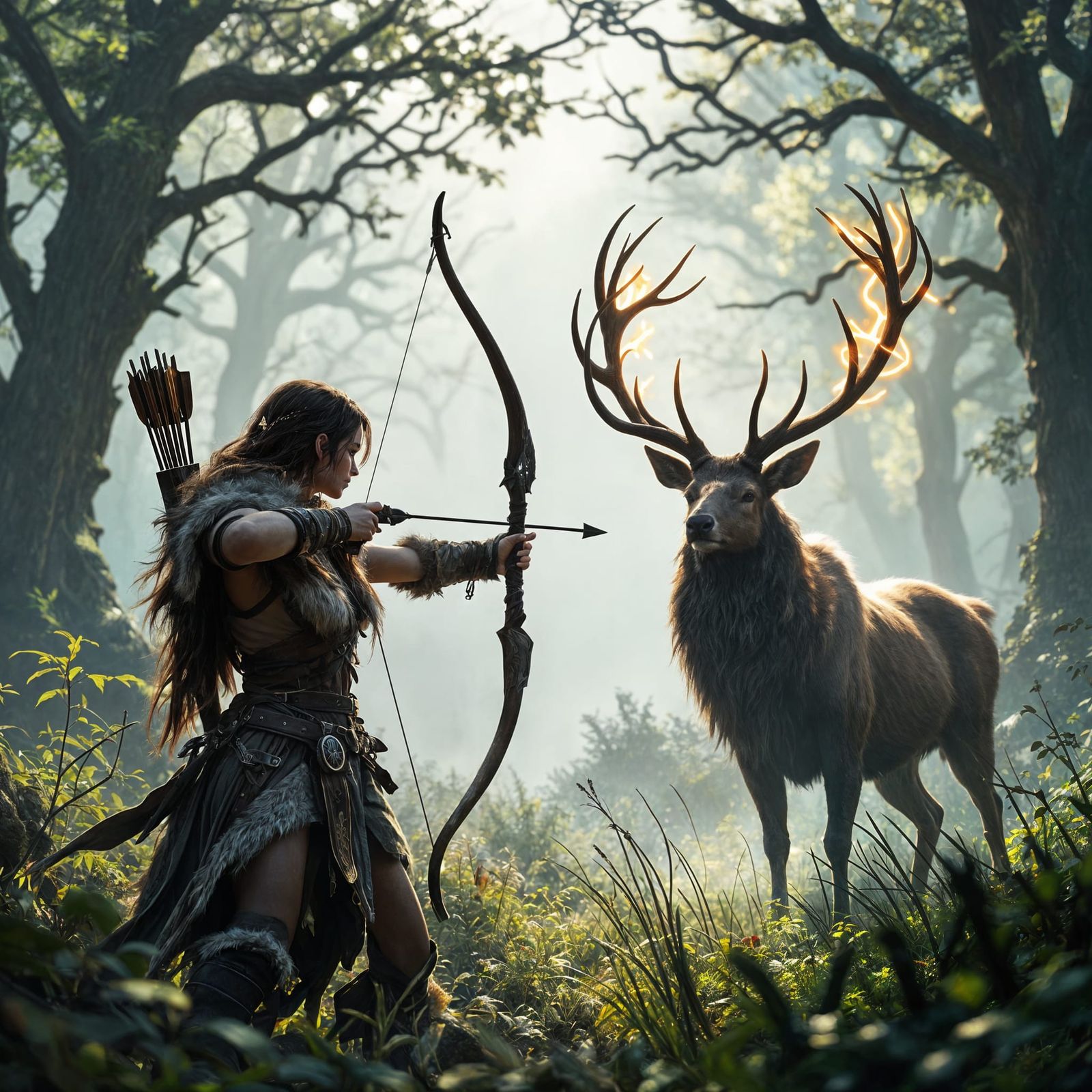 Celtic Huntress in Misty Forest Clearing