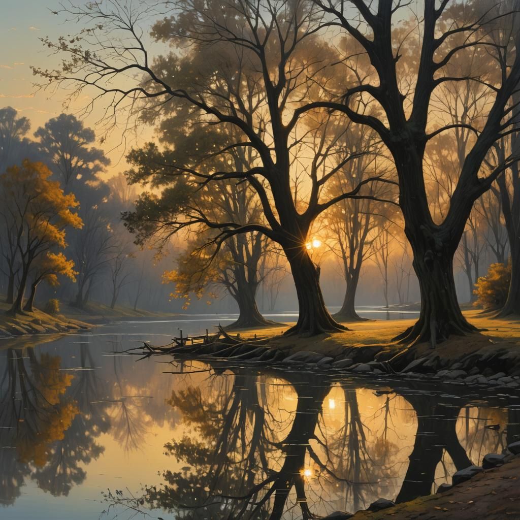 Tranquil River Park at Sunset, Digital Painting
