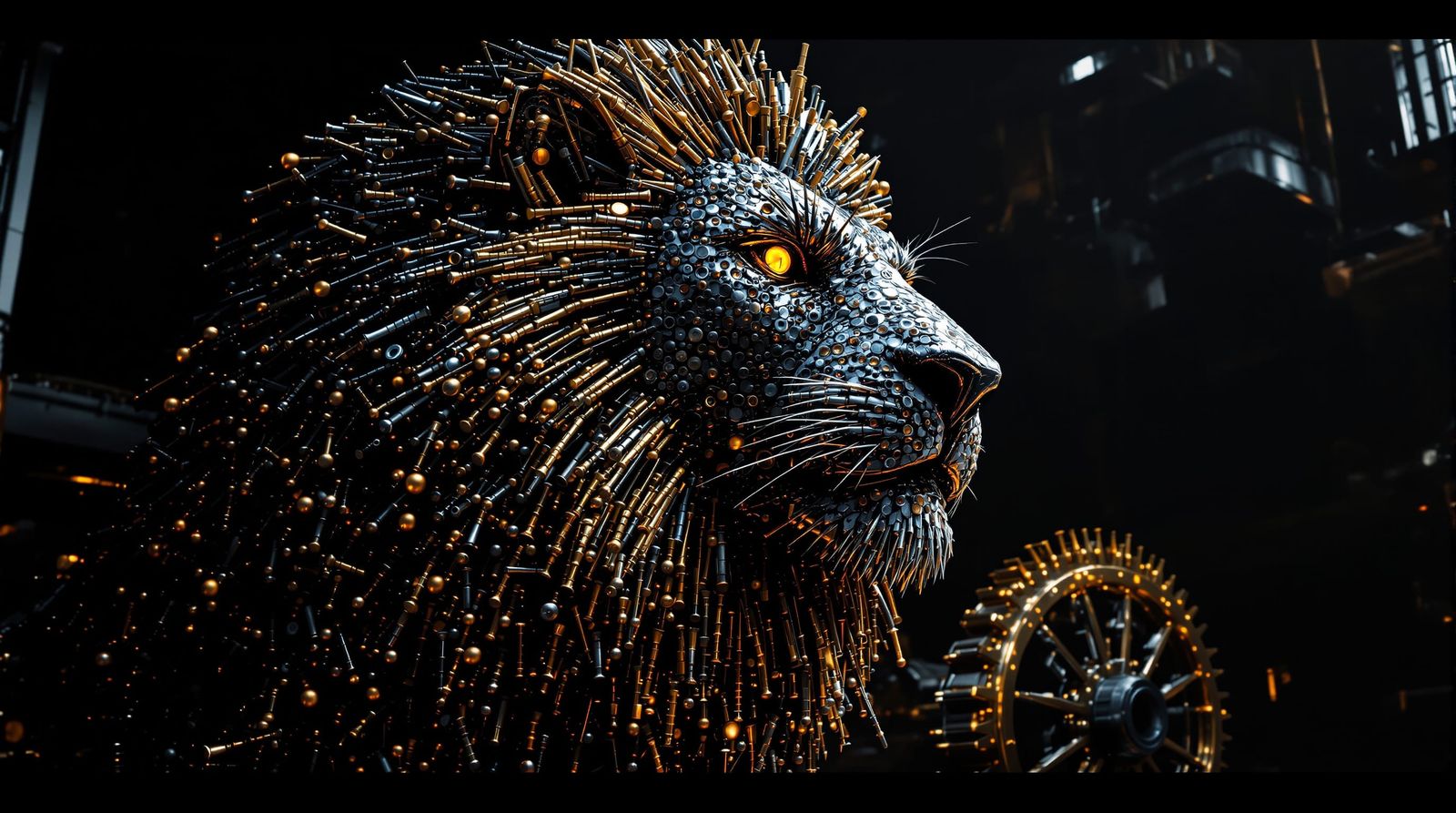 Steampunk Lion Sculpture of Nails and Screws
