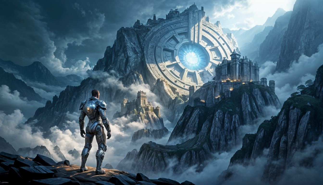 Automaton Before Geometric Fortress with Volumetric Lighting