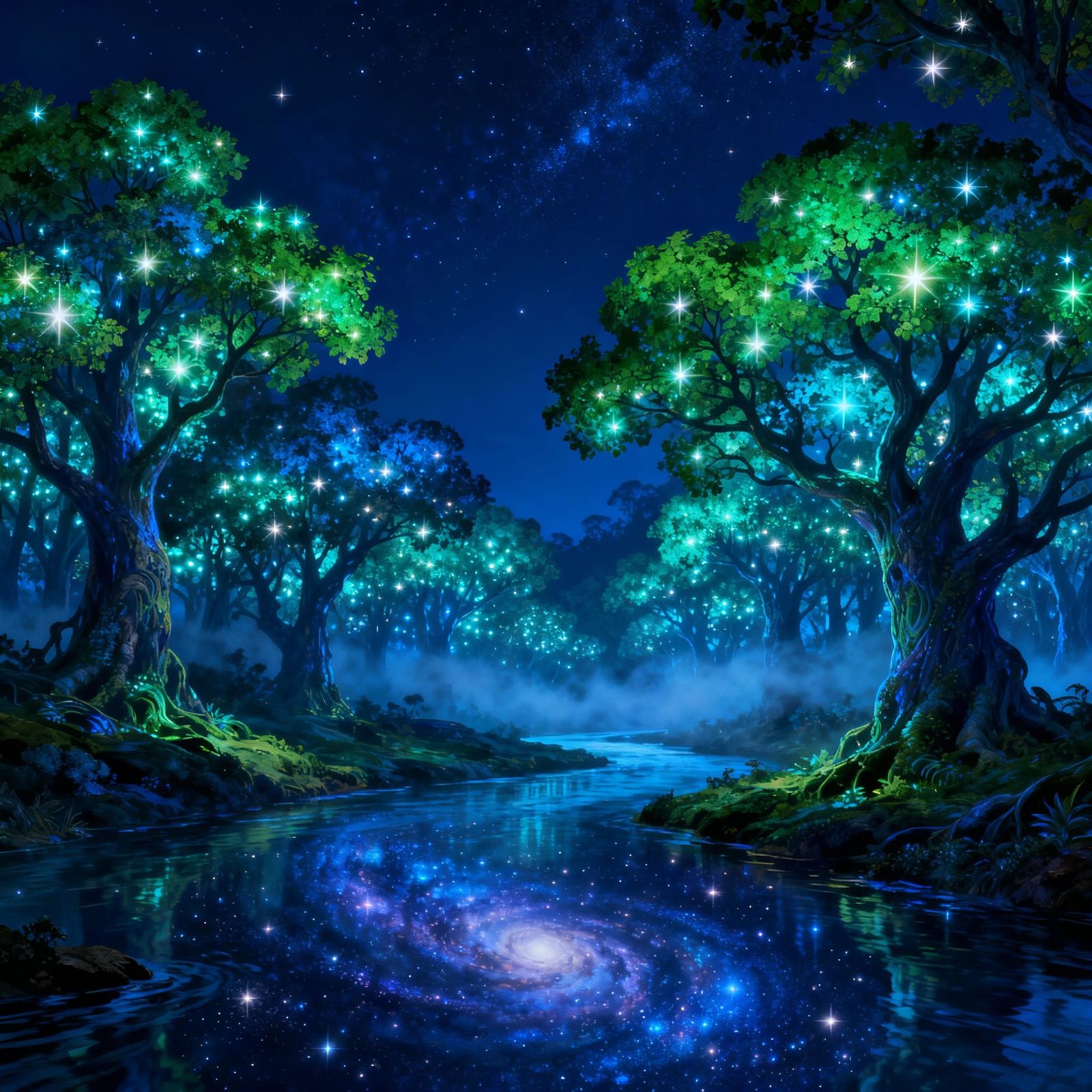 Magical Night Forest with Bioluminescent Trees