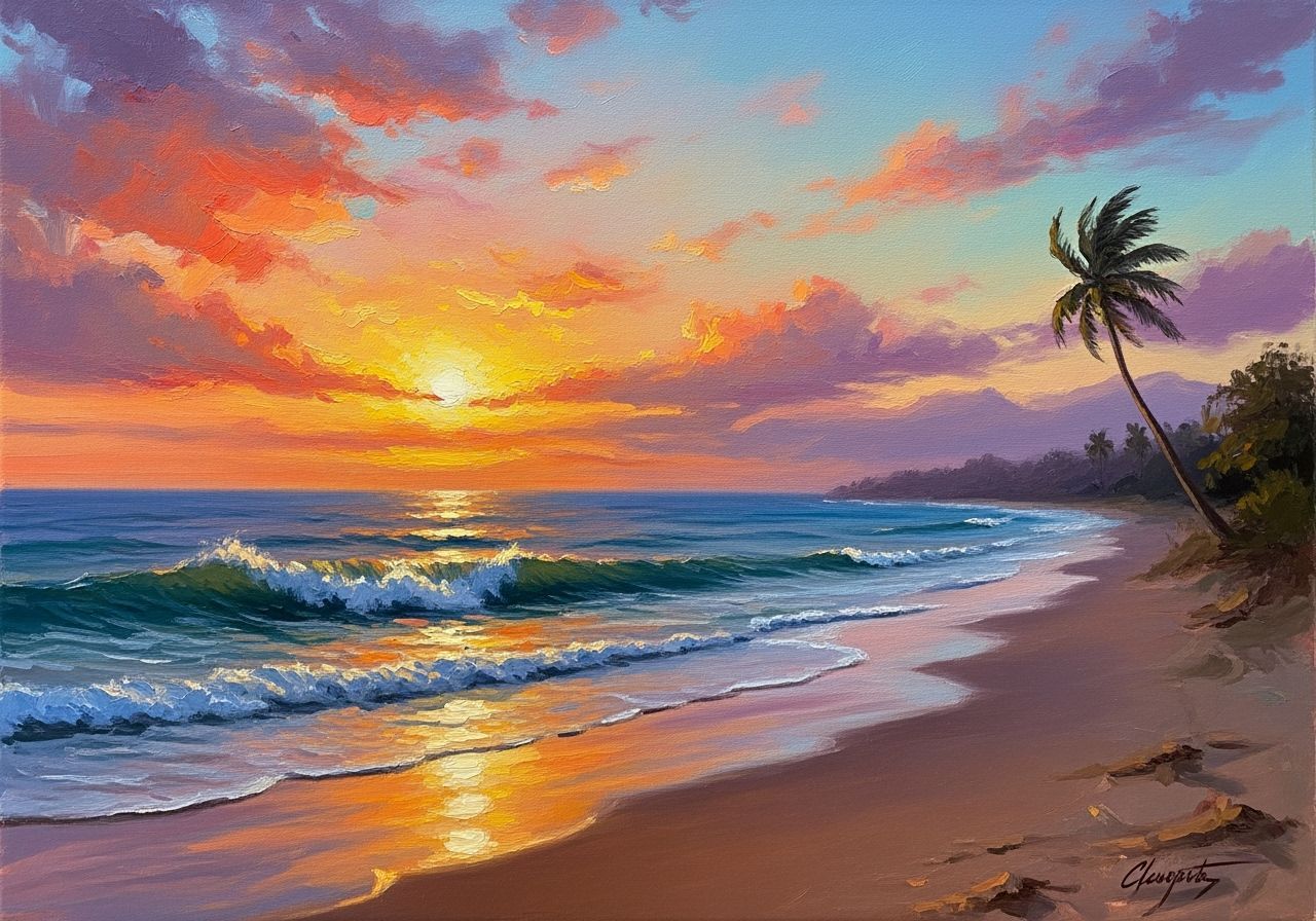 Sunset Beach Impressionist Painting with Palm Tree
