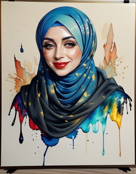 Elegant Smiling Hijabi Woman in Oil-Guache Style