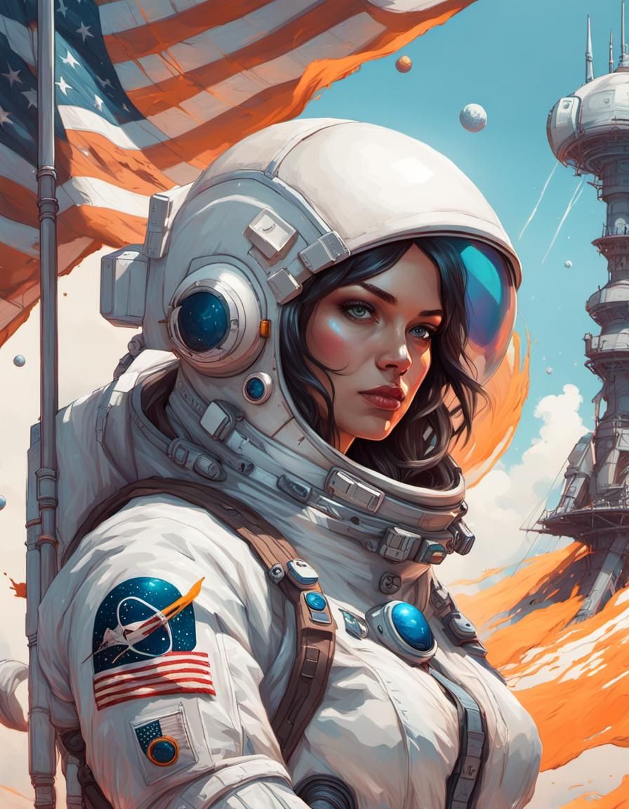 Astronaut Bikini Girl Portrait in Graffiti Art Style